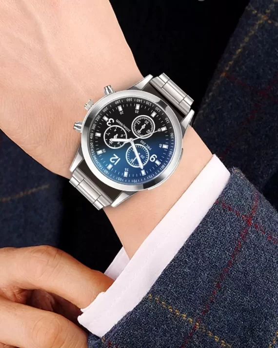 Colorful blue light glass three-eye steel band watch for men Quartz watch gift men's watch wholesale
